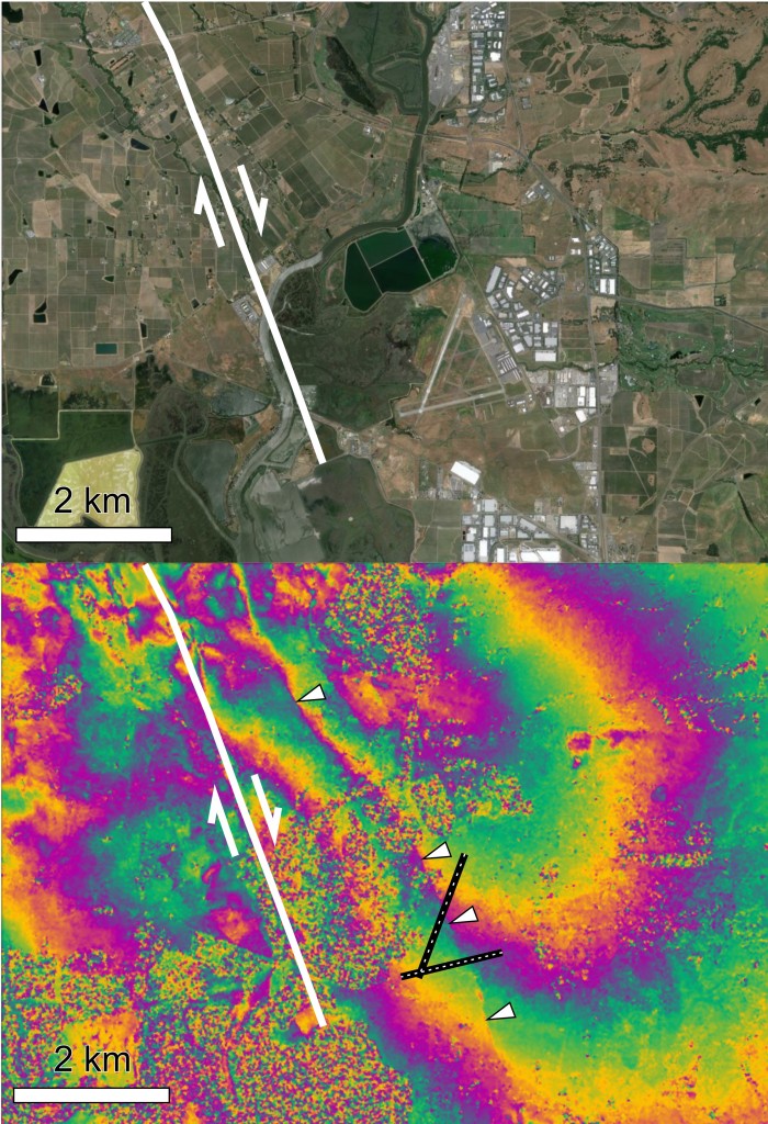 (top) Satellite image of Napa County Airport, five miles south of Napa (GoogleEarth) and the southern extent of the mapped surface rupture (shown in red, UC Davis). (bottom) Sentinel-1A interferogram showing the deformation field around the fault. A small discontinuity running north-south is also visible in the interferogram (marked by white triangles) and is due to minor rupture of a parallel fault strand across the airport runways. Copyright: Copernicus data (2014)/ESA/PPO.labs-Norut–COMET-SEOM Insarap study.
